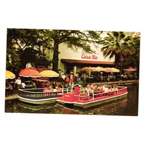 Cartolina d'epoca del ristorante messicano Casa Rio San Antonio TX Vista panoramica Barche