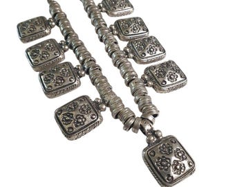 Antique Silver Tone Necklace Floral Square Pendant Dangling Tribal Bohemian Gift