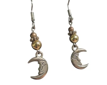 Silver Tone Crescent Moon Dangle Earrings Boho Beads Hook Celestial Medium Gift