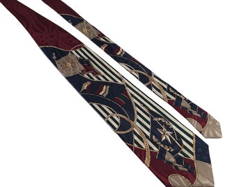 May include: A navy blue, red and beige patterned silk tie with a nautical theme. The tie features a repeating pattern of flags, ropes and stars.