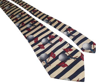 Pebble Beach Golf Pattern Stripe Tie Navy Cream Red Silk Necktie Men Accessories