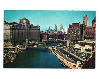 Chicago River Merchandise Mart Skyscrapers Vintage Postcard Union Pacific Aerial