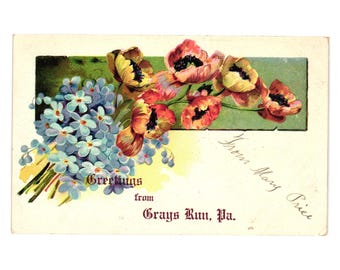 Greetings From Grays Run PA Vintage Postcard Floral Design Postmarked 1903