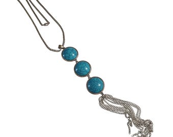 Silver Tone Chain Necklace Faux Turquoise Pendant Tassel Charm Boho Jewelry