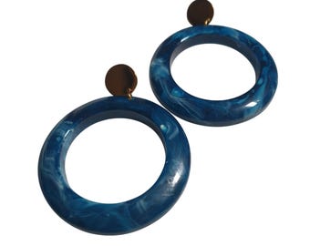 Amber Sceats Blue Marbled Circular Resin Earrings Gold Toned Disc Studs Jewelry