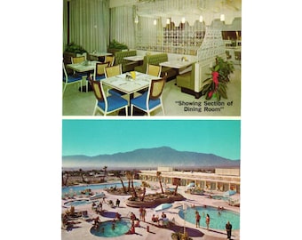 Vintage Desert Hot Springs Spa Postkarte Esszimmer Poolblick Urlaub Hotel