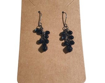 Black Beaded Dangling Drop Earrings Lightweight Hooks Vintage Jewelry Minimalist