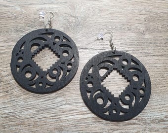 Large Round Black Laser Cut Wooden Earrings Women Gift Hook African Inspired