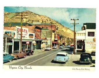 Postal antigua de Virginia City, Nevada: Delta Saloon, paisaje urbano histórico, Mulcahy