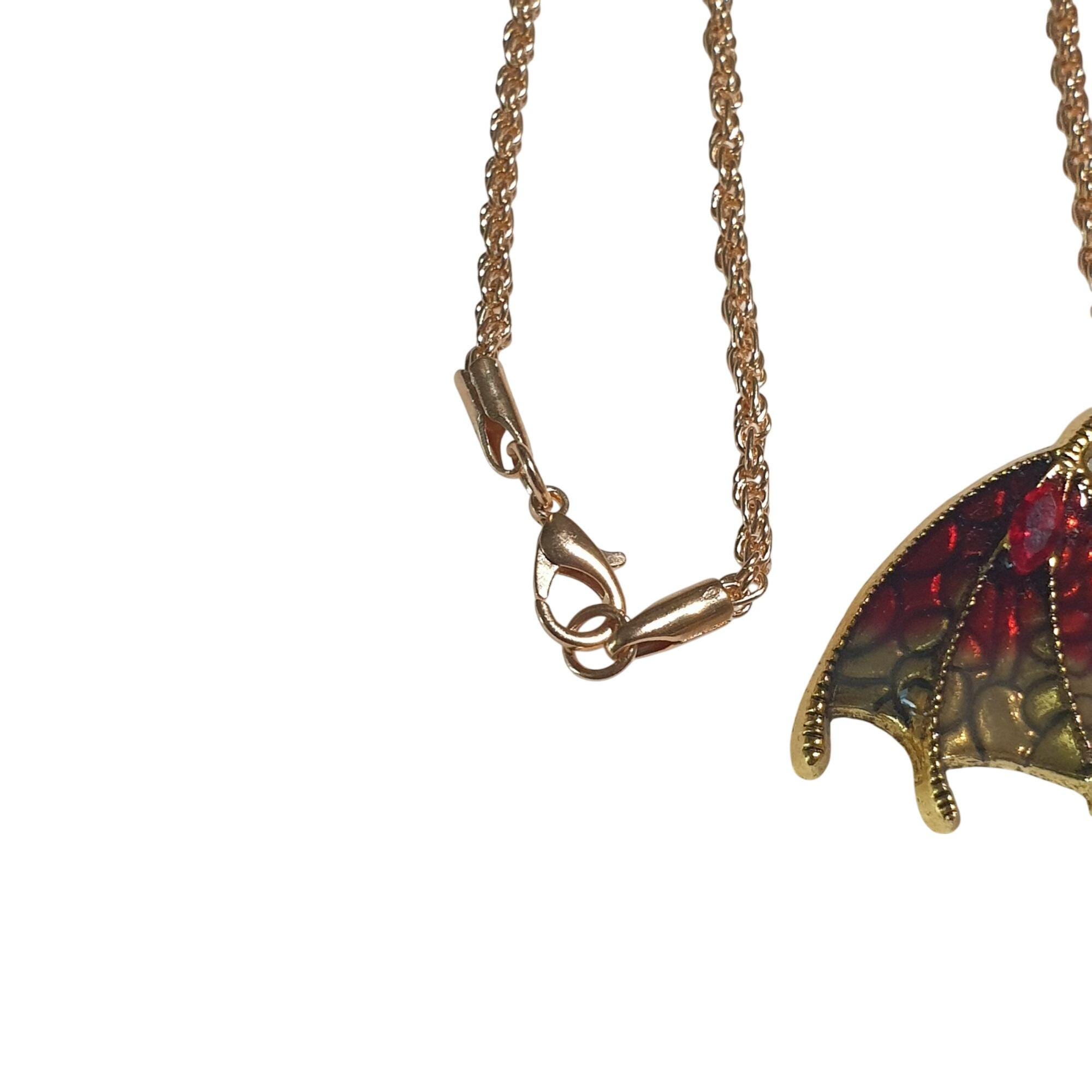 Gold Tone Dragon Pendant Necklace Red Enamel Iridescent Twisted