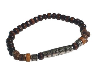 Wood Beaded Bracelet Tribal Accent Stretchable Brown Silver Mixed Material Gift