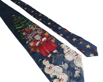 Corbata navideña de seda vintage de Wembley con diseño de muñeco de nieve de Papá Noel