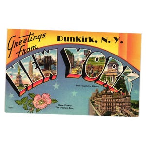 Carte postale vintage Dunkerque NY Salutations de la rose des pâturages de l'État de New York