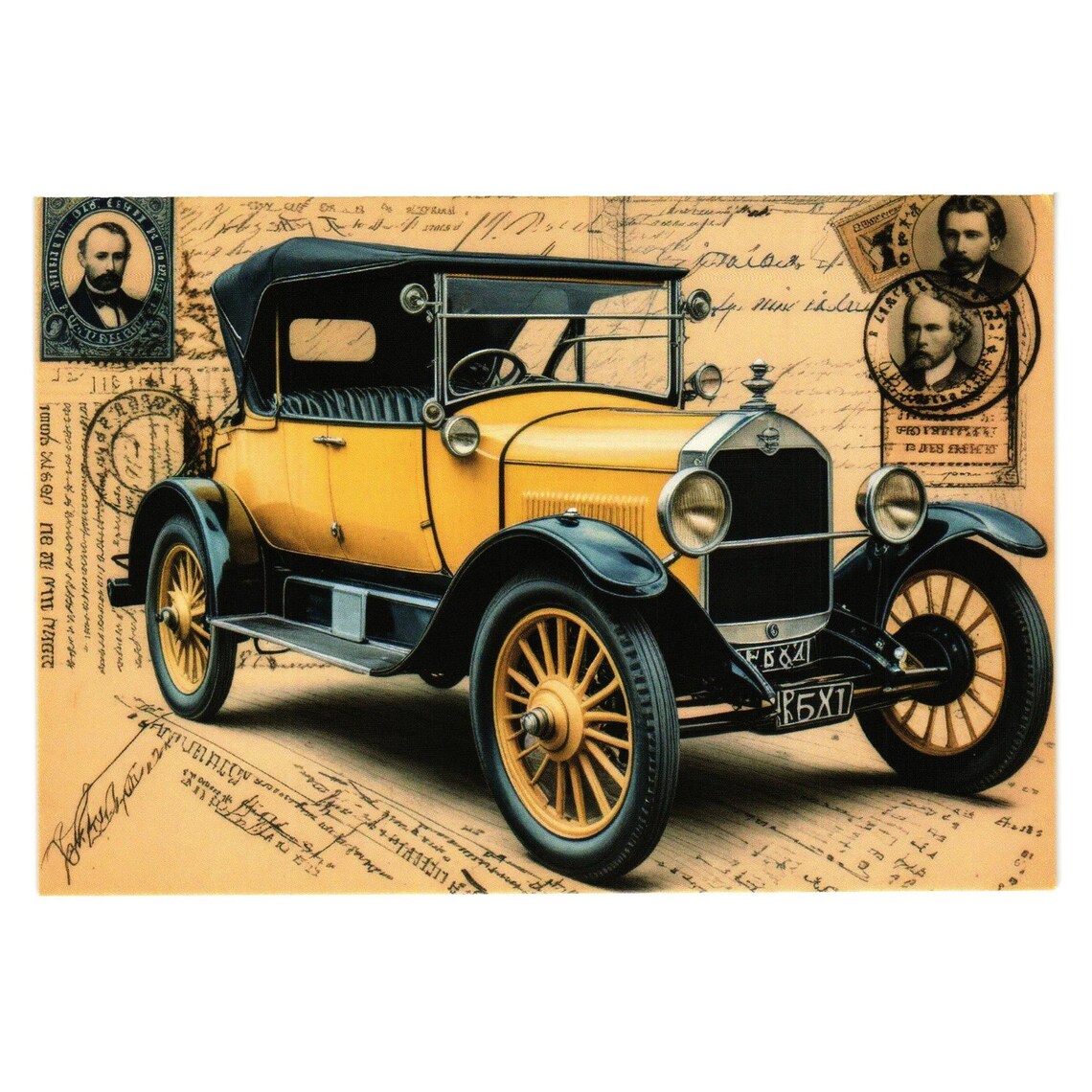 Vintage Classic Car Postcard Yellow Black Illustration Antique Style ...