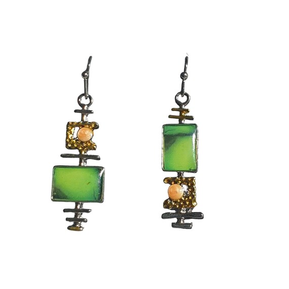 Handcrafted Green Dangle Earrings Rectangle Desig… - image 1