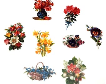 Könnte beinhalten: Eine Sammlung von acht Vintage-Blumenillustrationen mit verschiedenen Blumen in unterschiedlichen Farben und Anordnungen. Die Illustrationen zeigen einen Strauß roter, weißer und blauer Blumen in einer blauen Vase, einen Strauß gelber Narzissen, einen Strauß violetter Stiefmütterchen in einem Weidenkorb, einen Strauß rosa und weißer Blumen, einen Strauß blauer Vergissmeinnicht in einem Weidenkorb und einen Strauß roter und weißer Blumen.