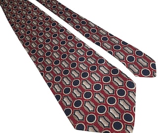 Geoffrey Beene Mens Silk Tie Red Blue Tan Geometric Classic Wide Handmade 56 x 4