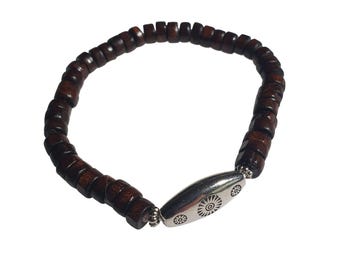 Wood Bead Stretch Bracelet Dark Brown Silver Tone Unisex Layer Adjustable Gift