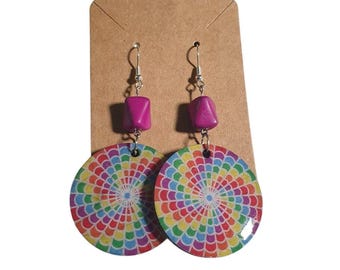 Rainbow Mandala Dangle Earrings Boho Colorful Round Polka Dot Back Purple Lightweight