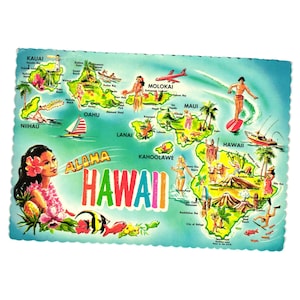 Aloha Hawaii Vintage Postcard Illustrated Map Hawaiian Islands Souvenir