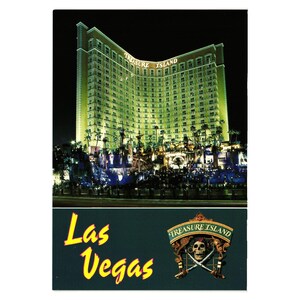 Las Vegas Treasure Island-Weinlese-Postkarte-Abend-Außenseite Hotel-Kasino-Glücksspiel