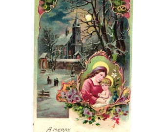 Vintage Christmas Postcard Featuring Church Madonna Child Winter Christmas Card