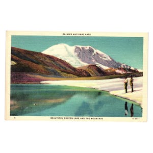 Cartolina d'epoca del Parco Nazionale Rainier con lago ghiacciato, paesaggio montano, lino, ciglio della strada