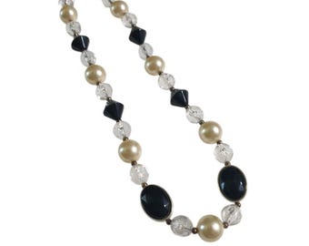 Vintage Faux Pearl Black Oval Acrylic Bead Clear Crystal Necklace Clasp 17 Inch