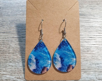 Earrings Beach Vacation Acrylic Blue Ocean Teardrop Costume Waves Boho Hooks