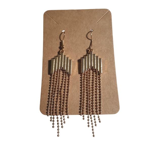 Gold Tone Dangle Chained Statement Earrings Geome… - image 1