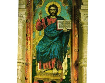 Stara pocztówka mozaikowa ikona Zbawiciela na centralnym ikonostasie Rosja religia