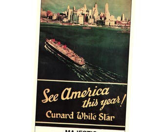 Cunard White Star See America Poster Postcard Majestic Ship Marine Art 1990