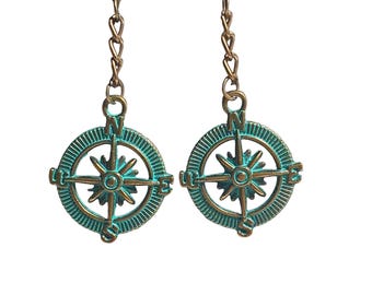 Nautical Compass Dangle Earrings Antique Bronze Patina Chain Hook Beach Core