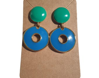 Vintage Two Tone Green Blue Circle Statement Earrings Gold Accents Retro Design