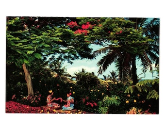 Postal hawaiana vintage de Nani Li'I con árbol de Poinciana en llamas, 1951, collar de hilo con dos doncellas
