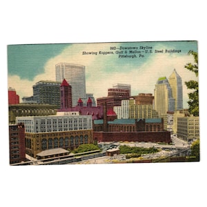 Cartolina d'epoca con lo skyline del centro di Pittsburgh Koppers Gulf Mellon US Steel