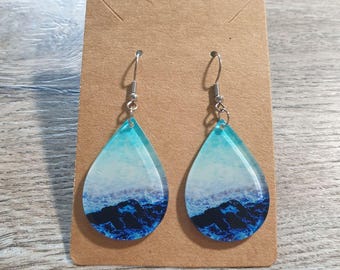 Blue Teardrop Dangle Earrings With Ocean Design On Stainless Steel Hooks