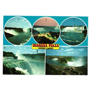 Vintage briefkaart Niagara Falls, 5 keer bekeken, toeristische attractie langs de weg in de VS, Canada