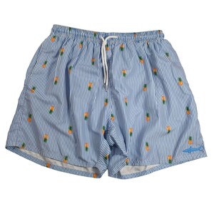 May include: Blue and white striped swim trunks with a repeating pattern of orange and green pineapples. The trunks have a white drawstring and a small blue shark logo on the leg.