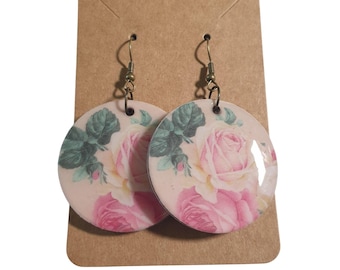 Vintage Round Floral Rose Dangle Earrings Lightweight Hook Handmade By Donovan