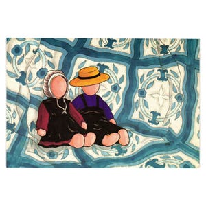 Cartolina d'epoca del 1995 Amish Dolls Quilt E. Anthony Village Publications Art Blue