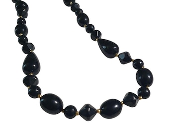 Vintage Black Bead Teardrop Gold Tone Necklace Acrylic Clasp Closure Jewelry Gift