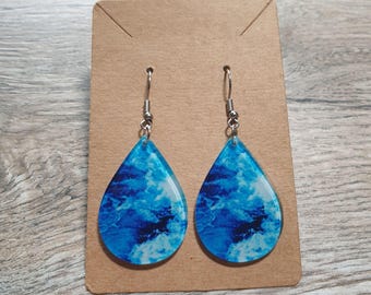 Women Blue Ocean Inspired Teardrop Earrings Boho Beach Core Gift Silver Hooks