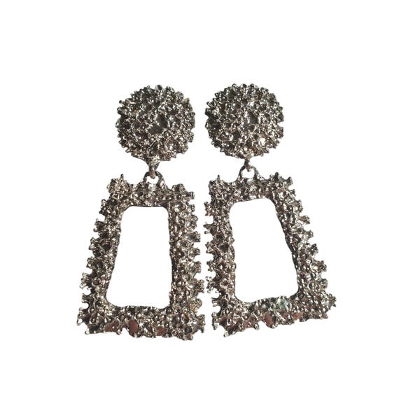 Rectangular Dangle Earrings Silver Tone Textured … - image 1