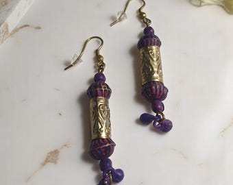 Vintage Handcrafted Brass Purple Beaded Dangle Earrings Boho Bali Core Design