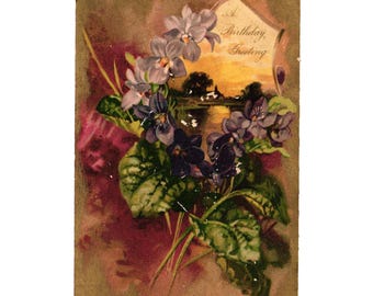 Vintage Postcard A Birthday Greeting Floral Illustration Stamp Handwritten Note