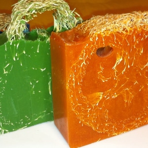May include: Three bars of soap with natural loofah embedded in the soap. The bars are green, blue, and orange.