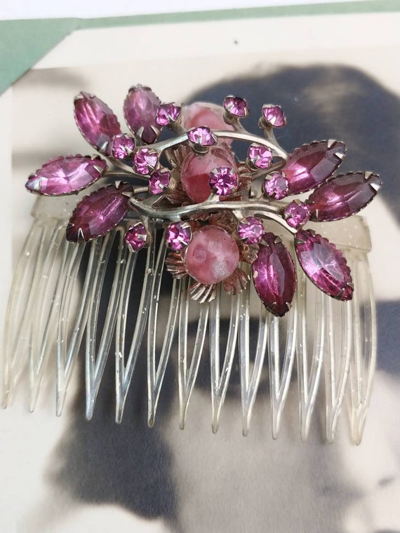 Vintage PINK RHINESTONE SILVER glamorous hair comb