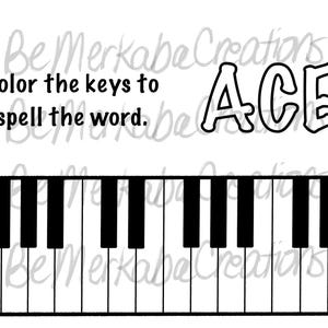 Può includere: Disegno a tratto nero e bianco di una tastiera di pianoforte con la parola "ACE" sopra. È presente anche il testo "Colora i tasti per comporre la parola". Immagine a scopo educativo.