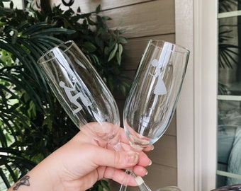 Etched Bride & Groom Champagne Glasses